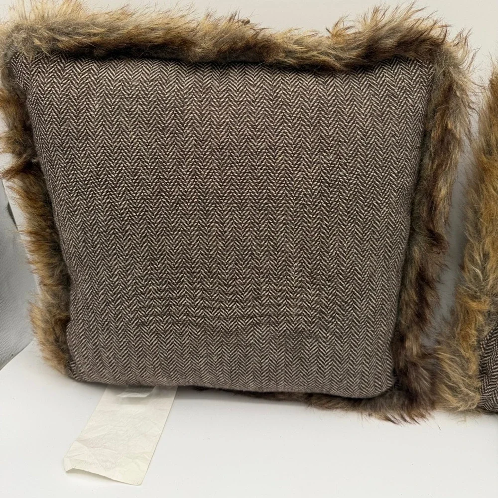 Country Line Set of 2 Rustic Stag Deer Herringbone Faux Fur Trim Pillows 12x12